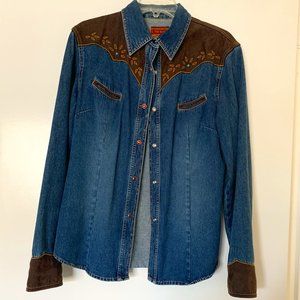 Western pant suit, denim and brown suede cuffs, bodice, and waist on the jeans